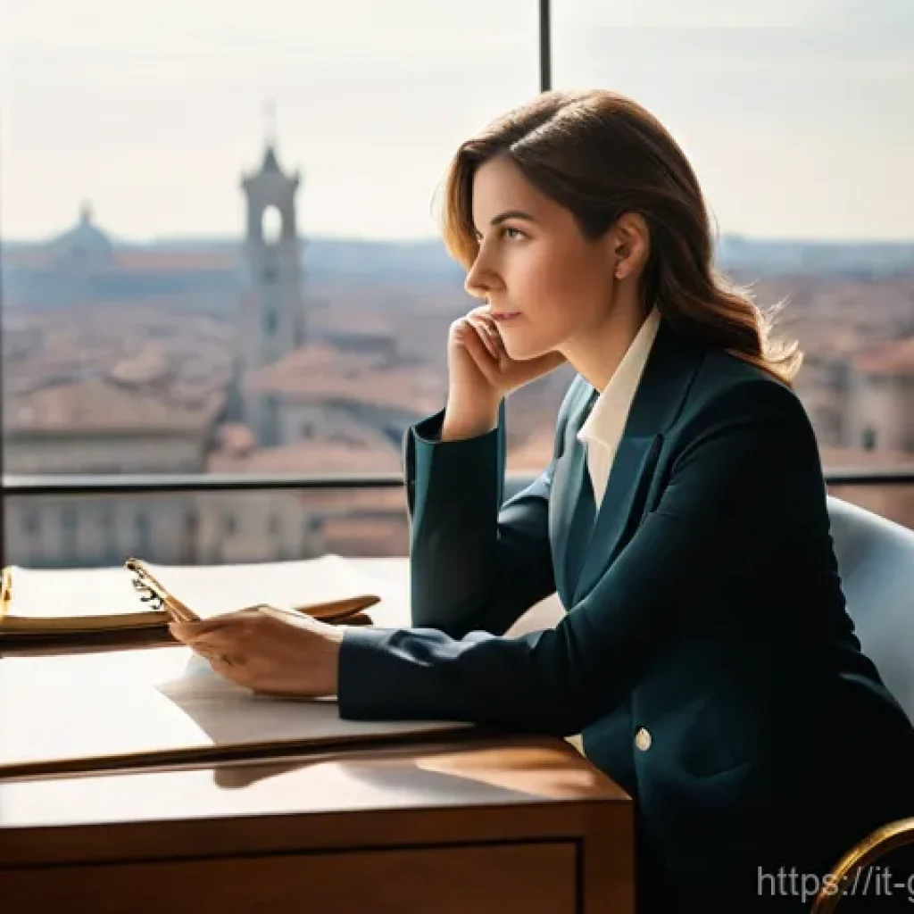 무역 전문가의 이직 전략 - **Prompt:** A discerning Italian professional, a woman in her late 30s, is seated at a sleek, minima...