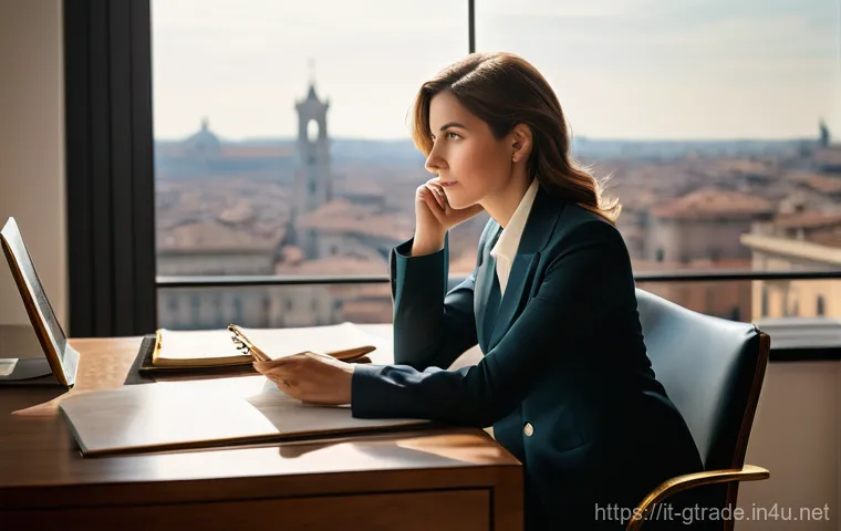 무역 전문가의 이직 전략 - **Prompt:** A discerning Italian professional, a woman in her late 30s, is seated at a sleek, minima...