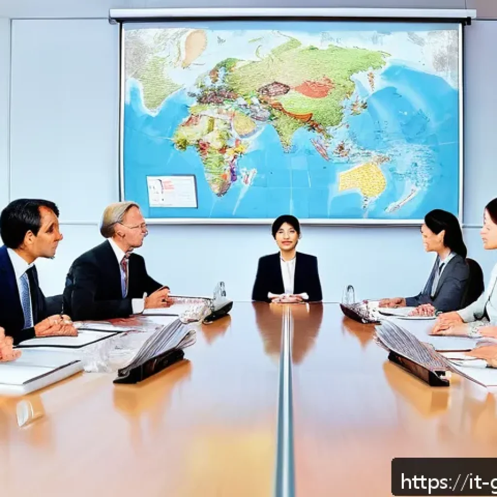 글로벌 무역 실무에서 자주 쓰이는 용어 - A professional international business meeting scene featuring a diverse group of executives from Ita...