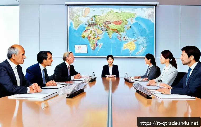 글로벌 무역 실무에서 자주 쓰이는 용어 - A professional international business meeting scene featuring a diverse group of executives from Ita...