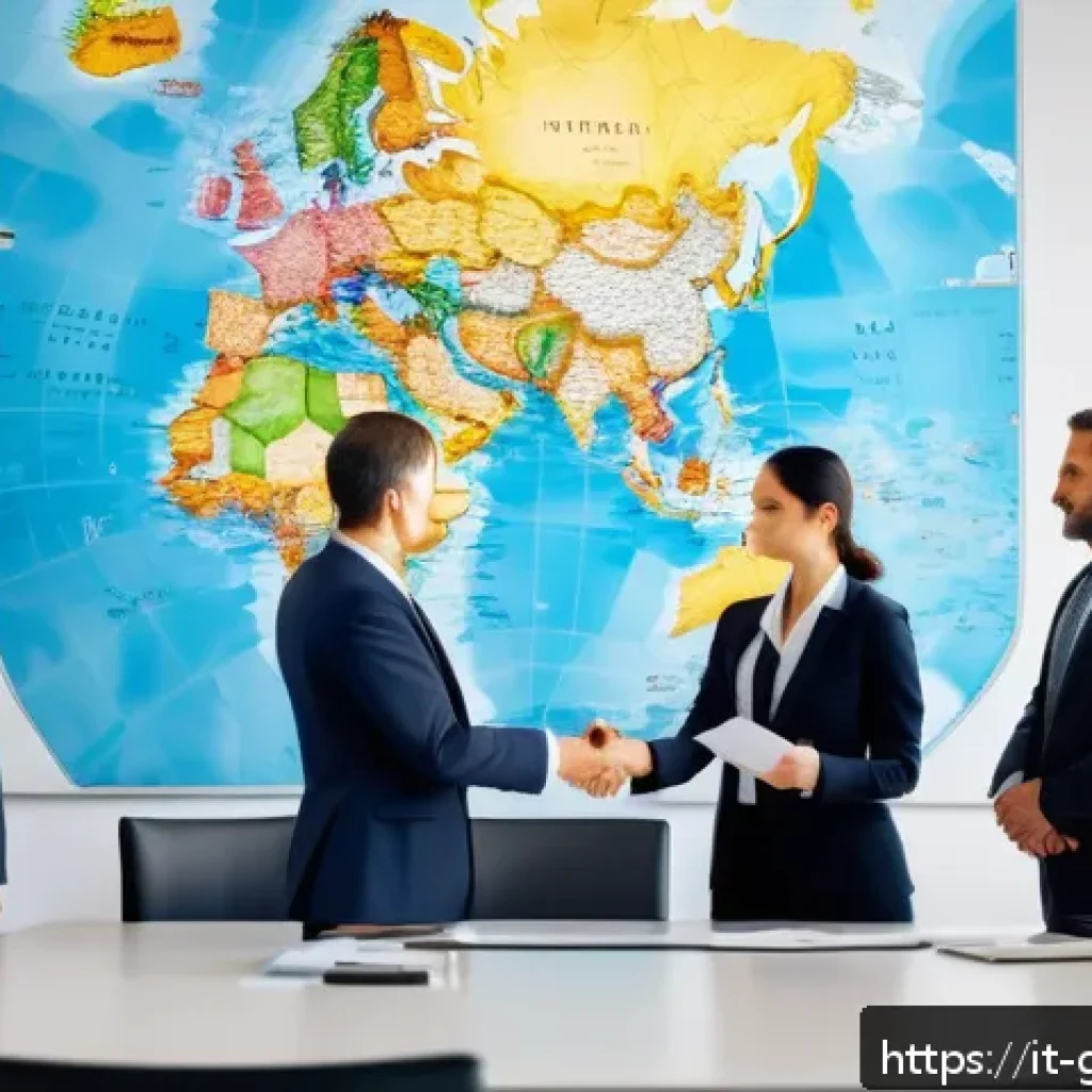 무역업계 이직 준비 체크리스트 - A professional international trade office scene showing a diverse group of businesspeople in formal ...
