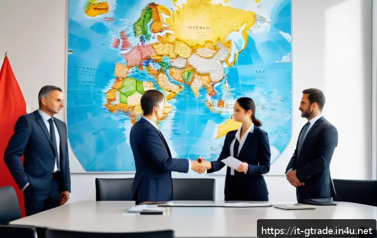 무역업계 이직 준비 체크리스트 - A professional international trade office scene showing a diverse group of businesspeople in formal ...