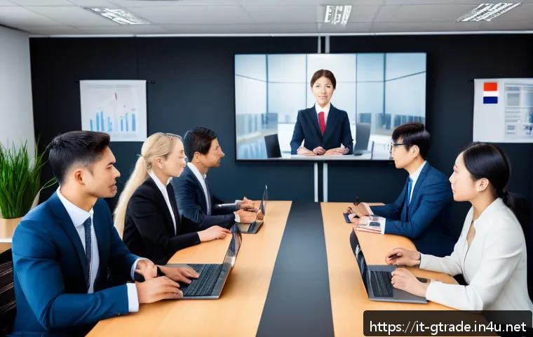 무역 전문가의 고객 관리 노하우 - A professional international business meeting scene set in a modern office with a diverse group of b...