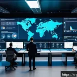 글로벌 무역에서의 리스크 관리 사례 - A modern international logistics control room featuring large digital screens displaying blockchain ...