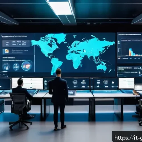 글로벌 무역에서의 리스크 관리 사례 - A modern international logistics control room featuring large digital screens displaying blockchain ...