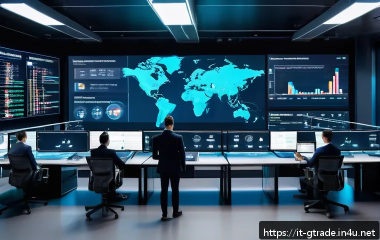 글로벌 무역에서의 리스크 관리 사례 - A modern international logistics control room featuring large digital screens displaying blockchain ...
