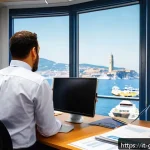 수출입 서류 작성의 모든 것 - A detailed scene of an Italian export office with a professional employee preparing commercial invoi...