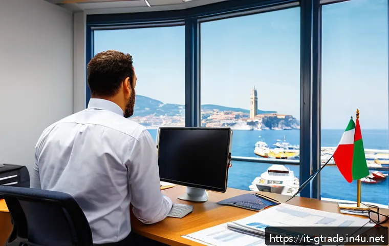 수출입 서류 작성의 모든 것 - A detailed scene of an Italian export office with a professional employee preparing commercial invoi...